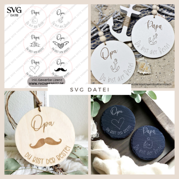 SVG Laserdatei Holzscheiben Papa Opa Vatertag Großvater Vater Geschenkidee Männer SVG Datei 6 Designs