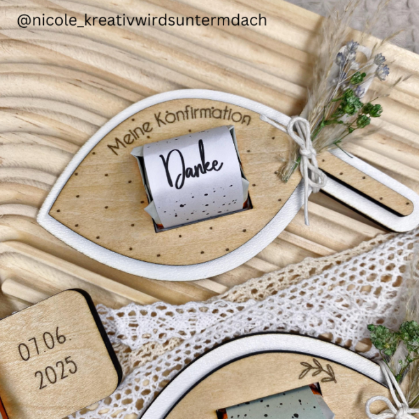 4 Designs kirchliche Anlässe Taufe Konfirmation Kommunion Firmung Halter für Küsschen Schokolade als Gastgeschenk kleines Mitgebsel Dankeschön Tischkarten Namenskarten SVG Laser Datei – Bild 13
