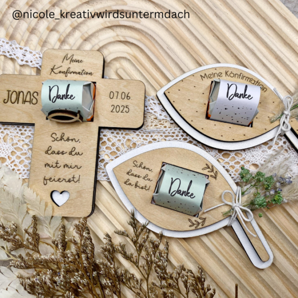 4 Designs kirchliche Anlässe Taufe Konfirmation Kommunion Firmung Halter für Küsschen Schokolade als Gastgeschenk kleines Mitgebsel Dankeschön Tischkarten Namenskarten SVG Laser Datei – Bild 14