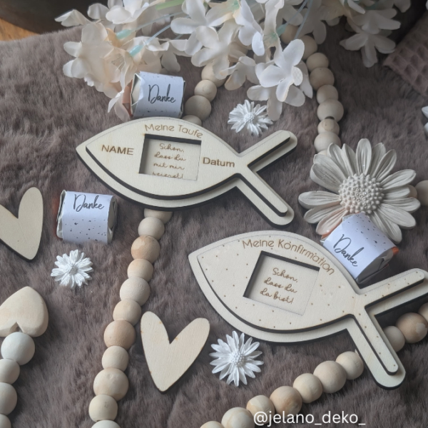 4 Designs kirchliche Anlässe Taufe Konfirmation Kommunion Firmung Halter für Küsschen Schokolade als Gastgeschenk kleines Mitgebsel Dankeschön Tischkarten Namenskarten SVG Laser Datei – Bild 5
