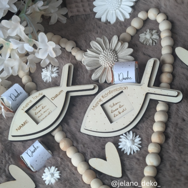 4 Designs kirchliche Anlässe Taufe Konfirmation Kommunion Firmung Halter für Küsschen Schokolade als Gastgeschenk kleines Mitgebsel Dankeschön Tischkarten Namenskarten SVG Laser Datei – Bild 3