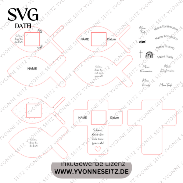 4 Designs kirchliche Anlässe Taufe Konfirmation Kommunion Firmung Halter für Küsschen Schokolade als Gastgeschenk kleines Mitgebsel Dankeschön Tischkarten Namenskarten SVG Laser Datei – Bild 2