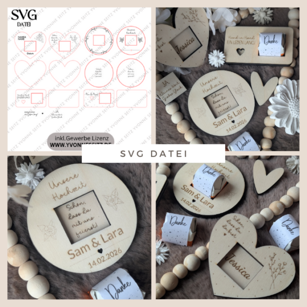 4 Designs Hochzeit Gastgeschenke Halter für Küsschen Schokolade als Gastgeschenk kleines Mitgebsel Dankeschön Tischkarten Namenskarten SVG Laser Datei