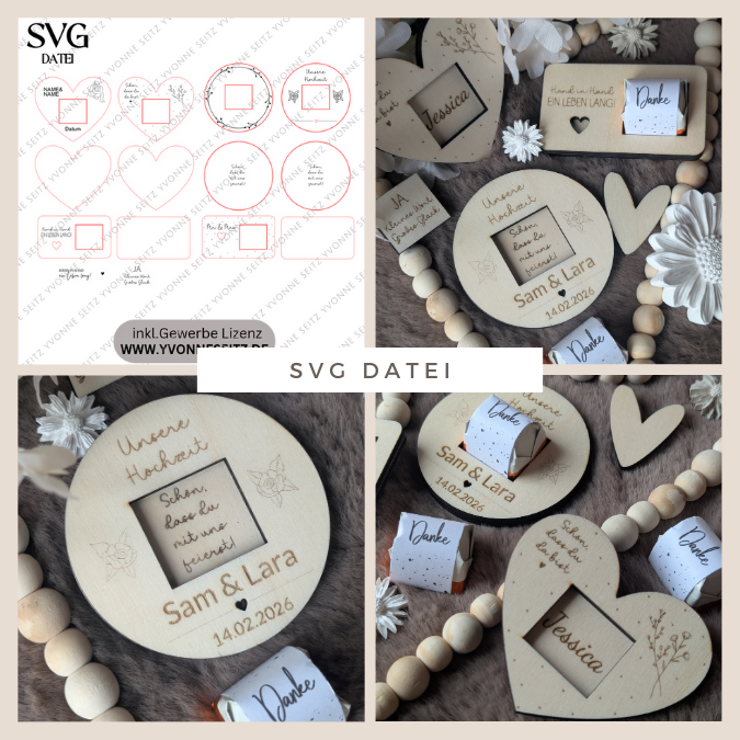 4 Designs Hochzeit Gastgeschenke Halter für Küsschen Schokolade als Gastgeschenk kleines Mitgebsel Dankeschön Tischkarten Namenskarten SVG Laser Datei