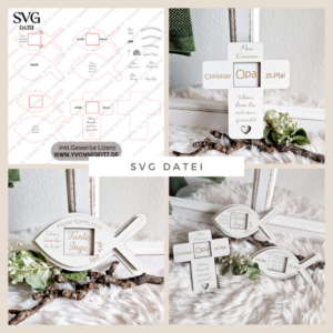 4 Designs kirchliche Anlässe Taufe Konfirmation Kommunion Firmung Halter für Küsschen Schokolade als Gastgeschenk kleines Mitgebsel Dankeschön Tischkarten Namenskarten SVG Laser Datei