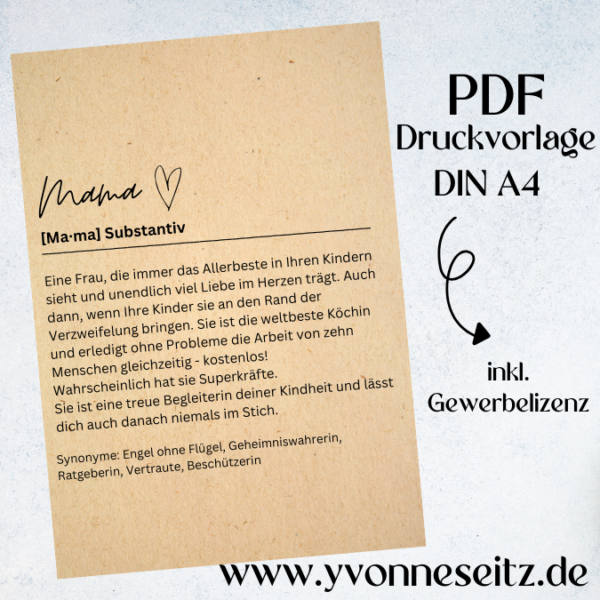 PRINT DRUCKVORLAGE PDF Mama Substantiv - Bedeutung - Geschenkidee Printable PDF Datei zum selber drucken