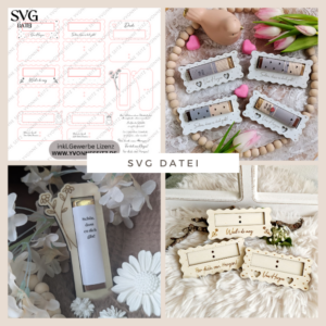 8 Designs verschiedene Anlässe Halter für Schokoriegel wie zb Merci, Kinderschokolade, Yogurette als Gastgeschenk kleines Mitbringsel SVG Laser Datei