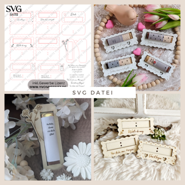 8 Designs verschiedene Anlässe Halter für Schokoriegel wie zb Merci, Kinderschokolade, Yogurette als Gastgeschenk kleines Mitbringsel SVG Laser Datei