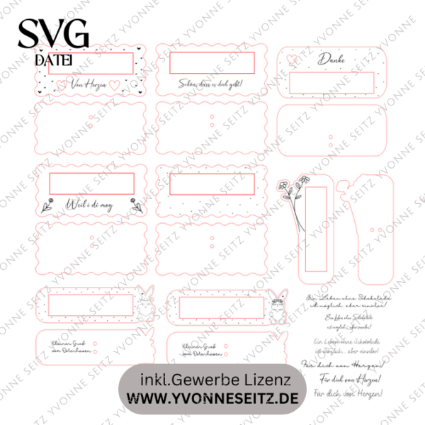 8 Designs verschiedene Anlässe Halter für Schokoriegel wie zb Merci, Kinderschokolade, Yogurette als Gastgeschenk kleines Mitbringsel SVG Laser Datei – Bild 2