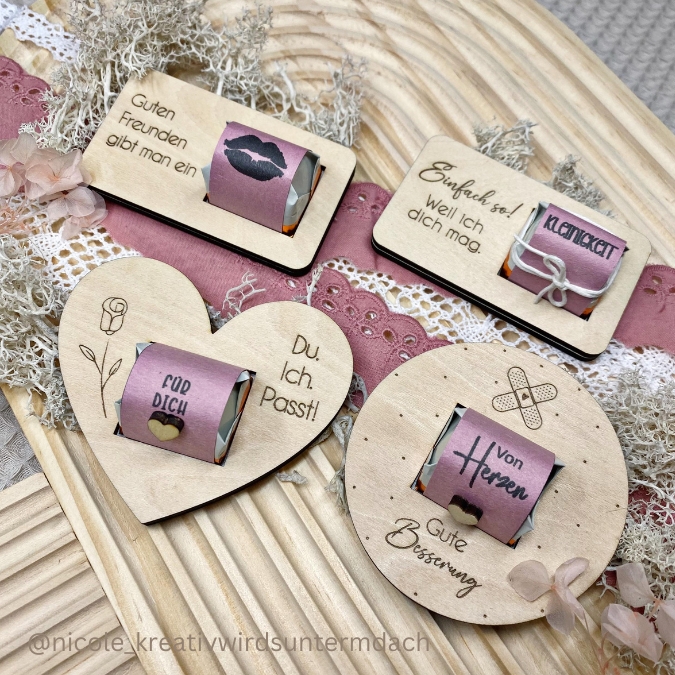 9 Designs verschiedene Anlässe Halter für Küsschen Schokolade als Gastgeschenk kleines Mitbringsel Dankeschön Gute Besserung Freundin Freunde SVG Laser Datei – Bild 6