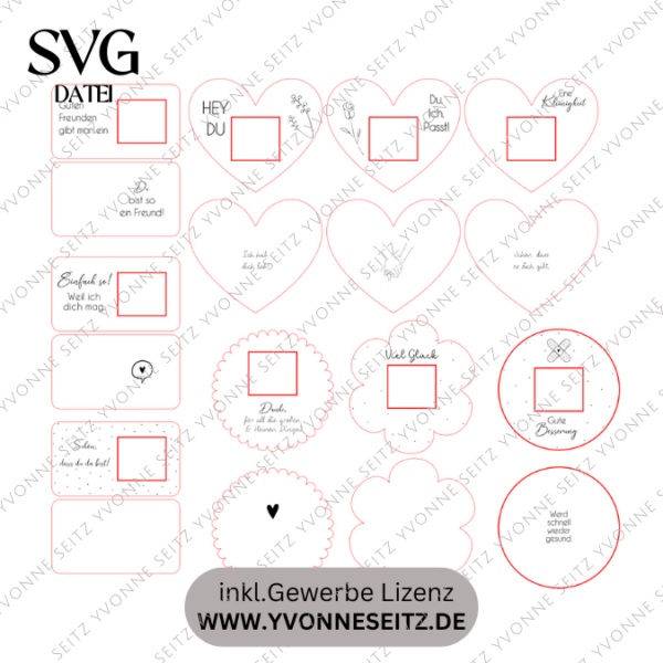 9 Designs verschiedene Anlässe Halter für Küsschen Schokolade als Gastgeschenk kleines Mitbringsel Dankeschön Gute Besserung Freundin Freunde SVG Laser Datei – Bild 2