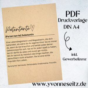 PRINT DRUCKVORLAGE PDF Patentante Substantiv - Bedeutung - Geschenkidee Printable PDF Datei zum selber drucken