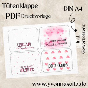 Tütenklappe Verschluss für Tüten PRINT DRUCKVORLAGE PDF Verpackung für Kleinigkeiten 4 Designs PINK Valentinstag Liebe Romantische Geschenkidee Printable PDF Datei zum selber drucken