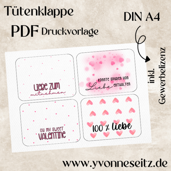 Tütenklappe Verschluss für Tüten PRINT DRUCKVORLAGE PDF Verpackung für Kleinigkeiten 4 Designs PINK Valentinstag Liebe Romantische Geschenkidee Printable PDF Datei zum selber drucken