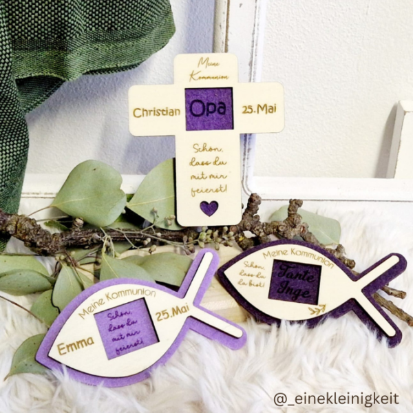 4 Designs kirchliche Anlässe Taufe Konfirmation Kommunion Firmung Halter für Küsschen Schokolade als Gastgeschenk kleines Mitgebsel Dankeschön Tischkarten Namenskarten SVG Laser Datei – Bild 18