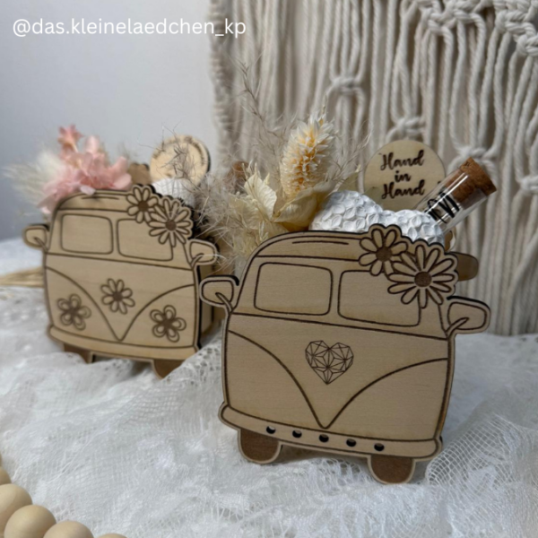 SVG Laser Datei - 3mm 4mm Hochzeitsauto Bulli Bus für Blumen oder Geldgeschenk Geschenkbox Hochzeitsgeschenk Hochzeit Flitterwochen Reiselust Laserdatei – Bild 25