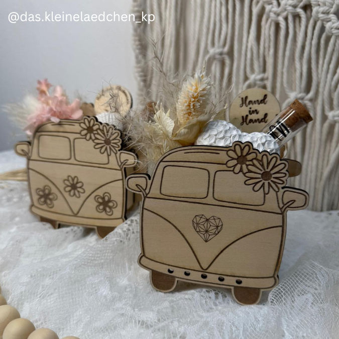 SVG Laser Datei - 3mm 4mm Hochzeitsauto Bulli Bus für Blumen oder Geldgeschenk Geschenkbox Hochzeitsgeschenk Hochzeit Flitterwochen Reiselust Laserdatei – Bild 25