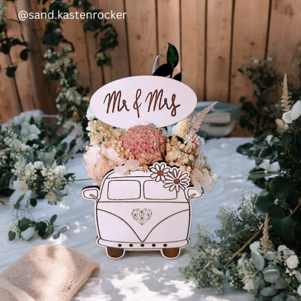 SVG Laser Datei - 3mm 4mm Hochzeitsauto Bulli Bus für Blumen oder Geldgeschenk Geschenkbox Hochzeitsgeschenk Hochzeit Flitterwochen Reiselust Laserdatei – Bild 3