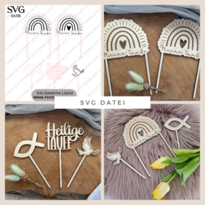 SVG Laser Datei Caketopper Pflanzenstecker zur Taufe Regenbogen 5 Stück Kirche Glaube SVG Datei