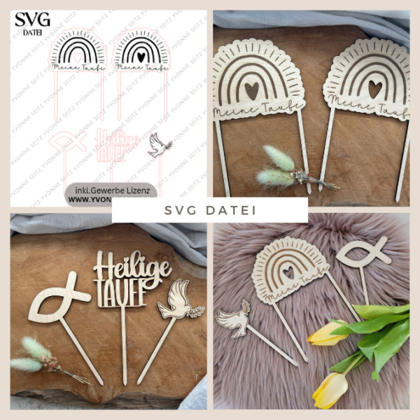 SVG Laser Datei Caketopper Pflanzenstecker zur Taufe Regenbogen 5 Stück Kirche Glaube SVG Datei