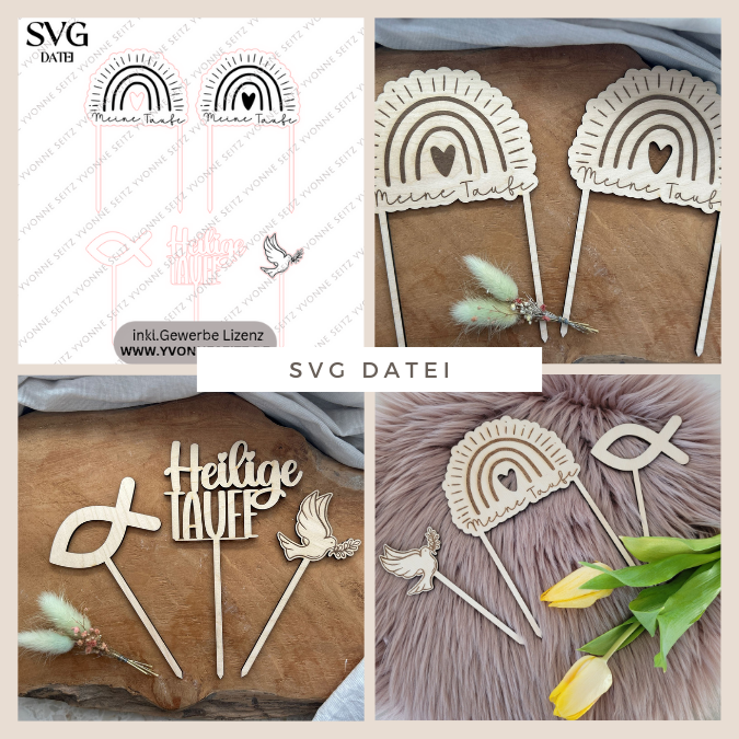 SVG Laser Datei Caketopper Pflanzenstecker zur Taufe Regenbogen 5 Stück Kirche Glaube SVG Datei
