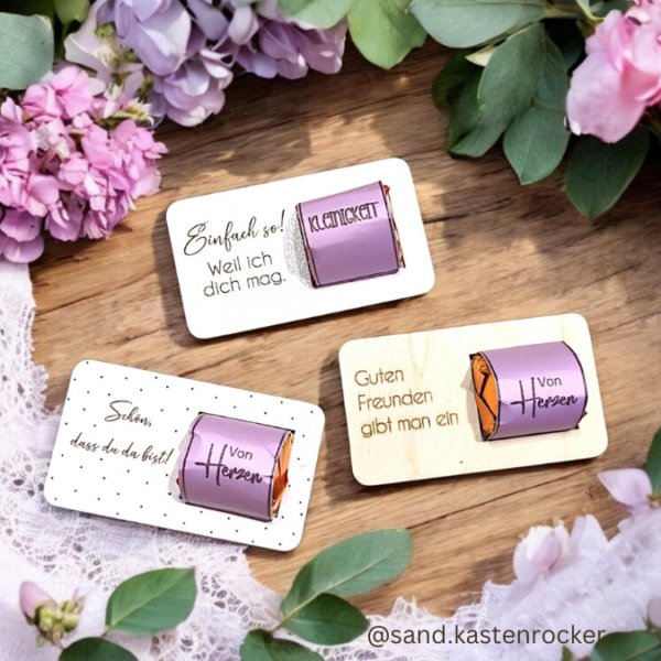 9 Designs verschiedene Anlässe Halter für Küsschen Schokolade als Gastgeschenk kleines Mitbringsel Dankeschön Gute Besserung Freundin Freunde SVG Laser Datei – Bild 5