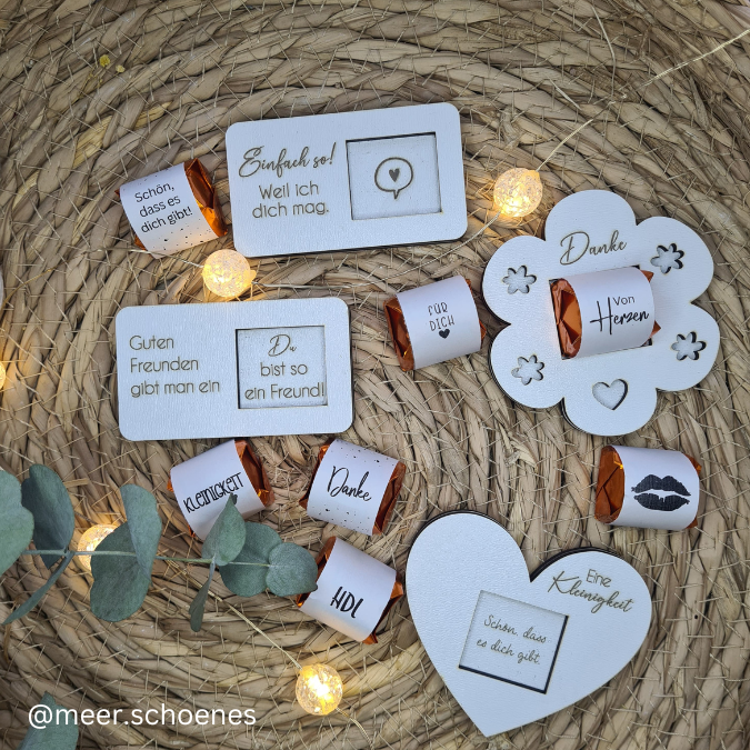 9 Designs verschiedene Anlässe Halter für Küsschen Schokolade als Gastgeschenk kleines Mitbringsel Dankeschön Gute Besserung Freundin Freunde SVG Laser Datei – Bild 12