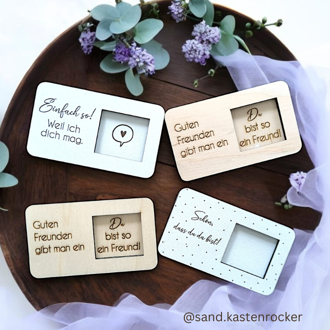 9 Designs verschiedene Anlässe Halter für Küsschen Schokolade als Gastgeschenk kleines Mitbringsel Dankeschön Gute Besserung Freundin Freunde SVG Laser Datei – Bild 4