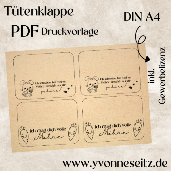 Tütenklappe Verschluss für Tüten PRINT DRUCKVORLAGE PDF Verpackung für Kleinigkeiten 2 Designs Ostern - Ich mag dich volle Möhre - Printable PDF Datei zum selber drucken