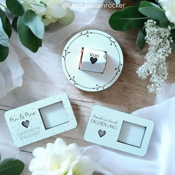 4 Designs Hochzeit Gastgeschenke Halter für Küsschen Schokolade als Gastgeschenk kleines Mitgebsel Dankeschön Tischkarten Namenskarten SVG Laser Datei – Bild 3