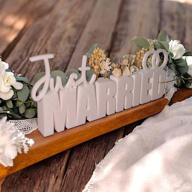 STL 3D Druck Datei Hochzeit Schriftzug Just married mit Löchern für Blumen und Platz für Geldgeschenk 3D Druck Datei – Bild 2