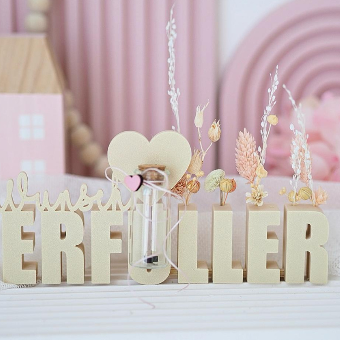 STL 3D Druck Datei Geschenkidee Schriftzug Wunscherfüller mit Löchern für Blumen und Platz für Geldgeschenk 3D Druck Datei