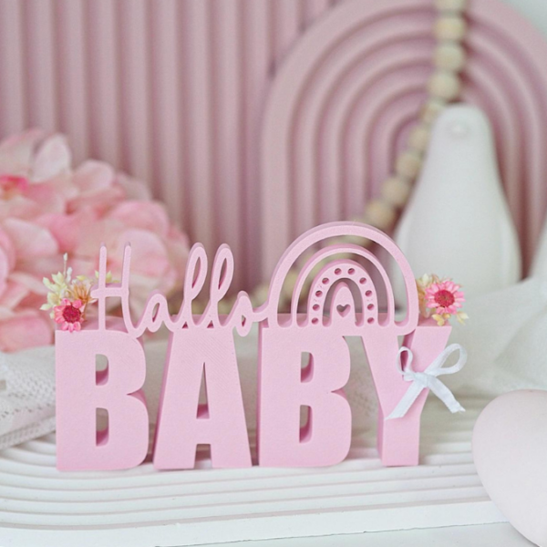 STL 3D Druck Datei Hallo Baby Geschenkidee Geburt mit Löchern für Blumen und Platz für Geldgeschenk 3D Druck Datei