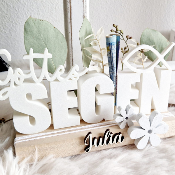 STL 3D Druck Datei Geschenkidee Schriftzug Gottes Segen 2 Stück (einmal ohne Fisch) mit Löchern für Blumen Taufe Konfirmation Kommunion Firmung 3D Druck Datei – Bild 8