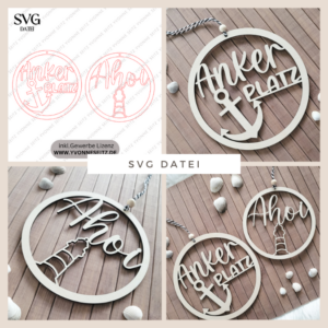 SVG Laserdatei Kranz Kränze 2er Set ANKERPLATZ und Ahoi Leuchtturm zum binden für Trockenblumen Geschenkidee SVG Datei