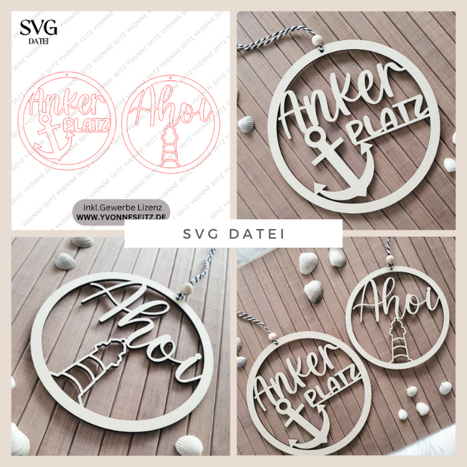 SVG Laserdatei Kranz Kränze 2er Set ANKERPLATZ und Ahoi Leuchtturm zum binden für Trockenblumen Geschenkidee SVG Datei