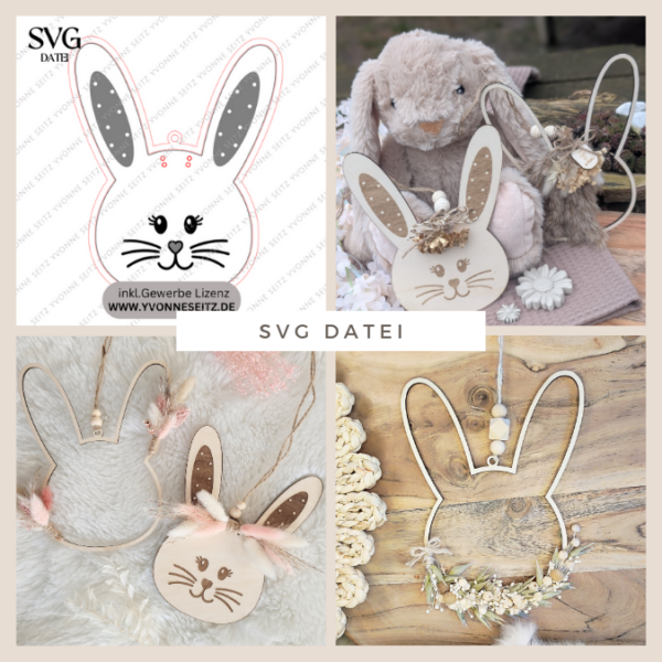 SVG Laser Datei Kranz Hasenkranz 2in1 zum binden für Trockenblumen Hasenanhänger Hasen Osterhase Anhänger Geschenkanhänger Osterdeko Lasercut