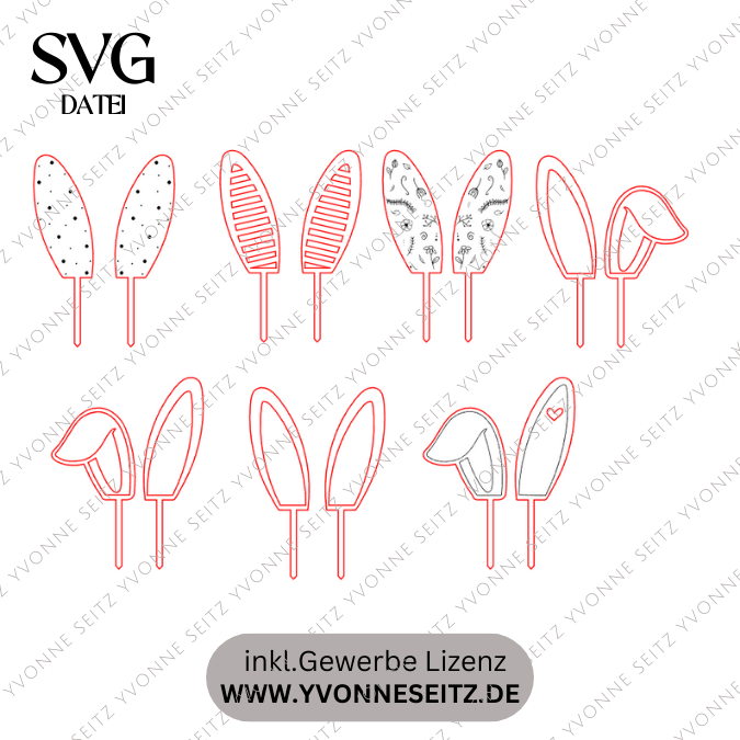 SVG Laser Datei 7 Designs Hasenohren Stecker Pflanzenstecker Caketopper Ostern Hasen Osterhase Ohren SVG-Datei – Bild 2