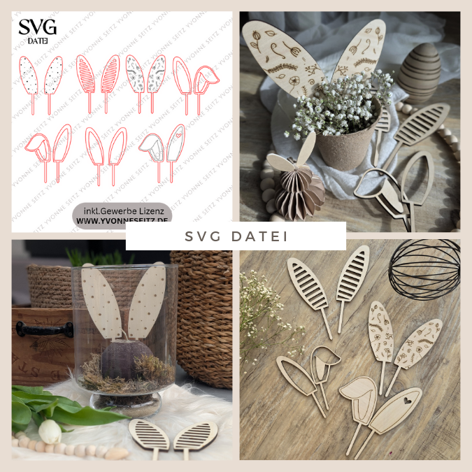 SVG Laser Datei 7 Designs Hasenohren Stecker Pflanzenstecker Caketopper Ostern Hasen Osterhase Ohren SVG-Datei