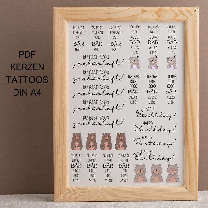 PDF - Kerzentattoo Vorlage - Bär Zaubärhaft Unentbärlich - A4 Kerzentattoos zum selber drucken