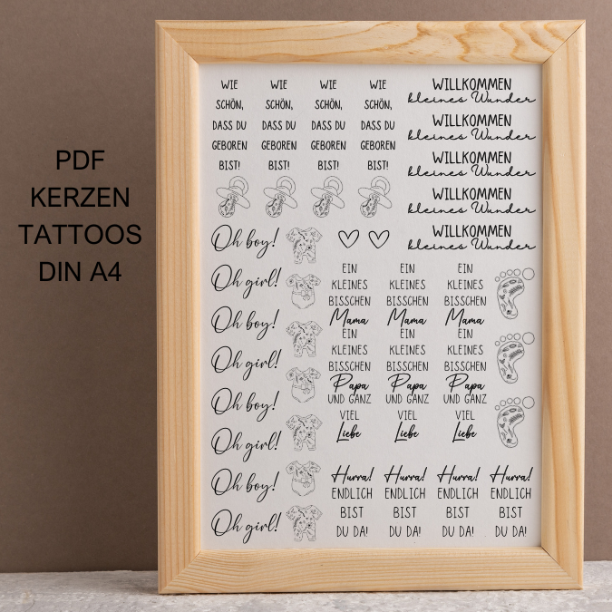 PDF - Kerzentattoo Vorlage - BABY Flower Geburt - A4 Kerzentattoos zum selber drucken