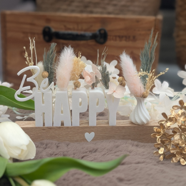 STL 3D Druck Datei Geschenkidee Schriftzug Be happy mit Löchern für Blumen 3D Druck Datei – Bild 4