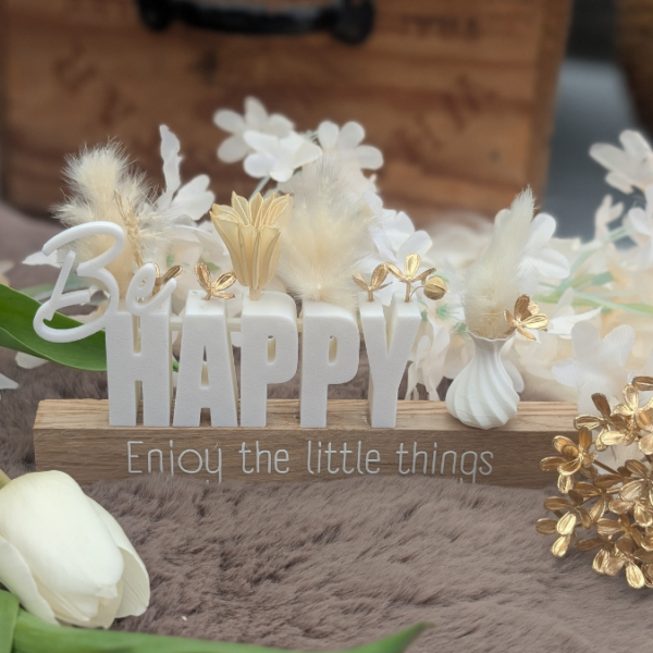 STL 3D Druck Datei Geschenkidee Schriftzug Be happy mit Löchern für Blumen 3D Druck Datei – Bild 5
