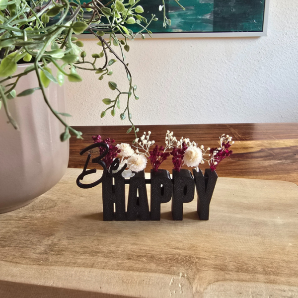 STL 3D Druck Datei Geschenkidee Schriftzug Be happy mit Löchern für Blumen 3D Druck Datei – Bild 7