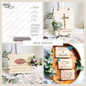 SVG Laser Datei Geldgeschenk Verpackung für Geld 4 Designs kirchliche Anlässe Taufe Konfirmation Kommunion Firmung Gutscheinkarten SVG-Datei Geldkarten
