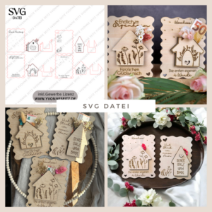 SVG Laser Datei - Karten zum Einzug Umzug erste eigene Wohnung Eigenheim Hauskauf für Blumen oder Geld Postkarten GrußkartenLaserdatei