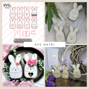 SVG Laser Datei 8 Designs Hasen Mini Hasen zum füllen mit Blumen, Geld oder Ballonlicht Designs Ostern Osterhase SVG-Datei