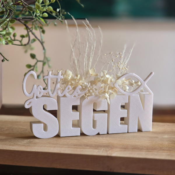 STL 3D Druck Datei Geschenkidee Schriftzug Gottes Segen 2 Stück (einmal ohne Fisch) mit Löchern für Blumen Taufe Konfirmation Kommunion Firmung 3D Druck Datei – Bild 3