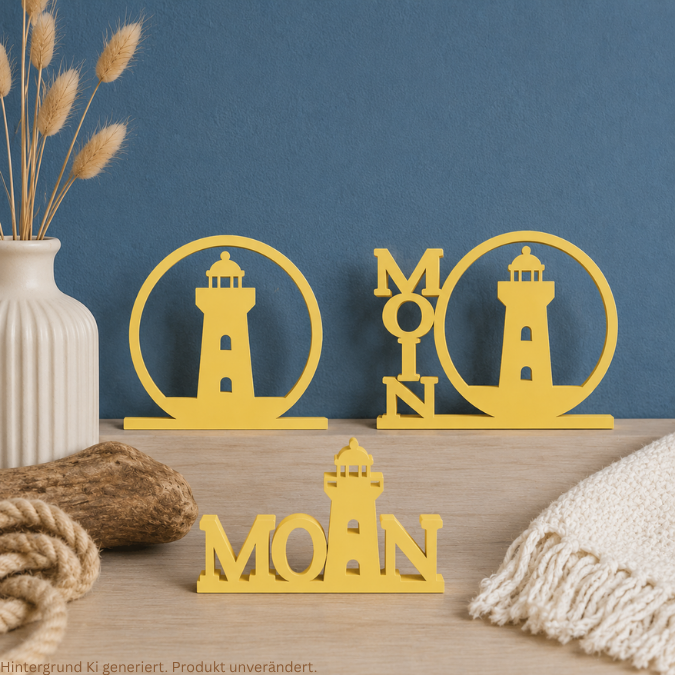 STL 3D Druck Datei 3er Set Aufsteller Schriftzug Moin Leuchtturm Maritim Statement Meer Geschenkidee 3D-Druck Datei