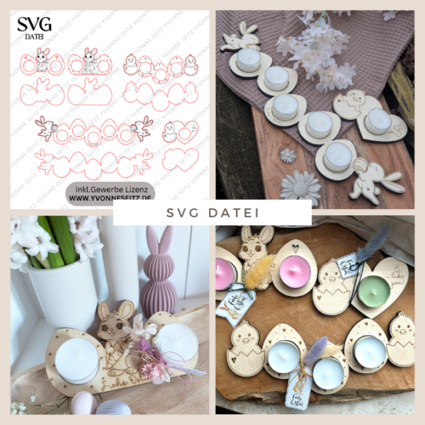 SVG Laser Datei Teelichthalter Ostern Eier XXL Verschiedene Designs Frühling Hasen Kücken Osterdeko Lasercut